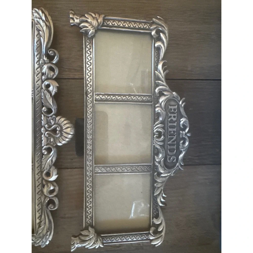 Vintage Silver Ornate Triple Photo Frame Set Friends & Scroll Crest 2pc